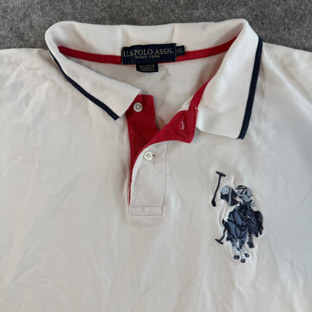 US Polo Assn Polo Shirt Mens XXL White Short Sleeve Embroidered Logo 3 Patch